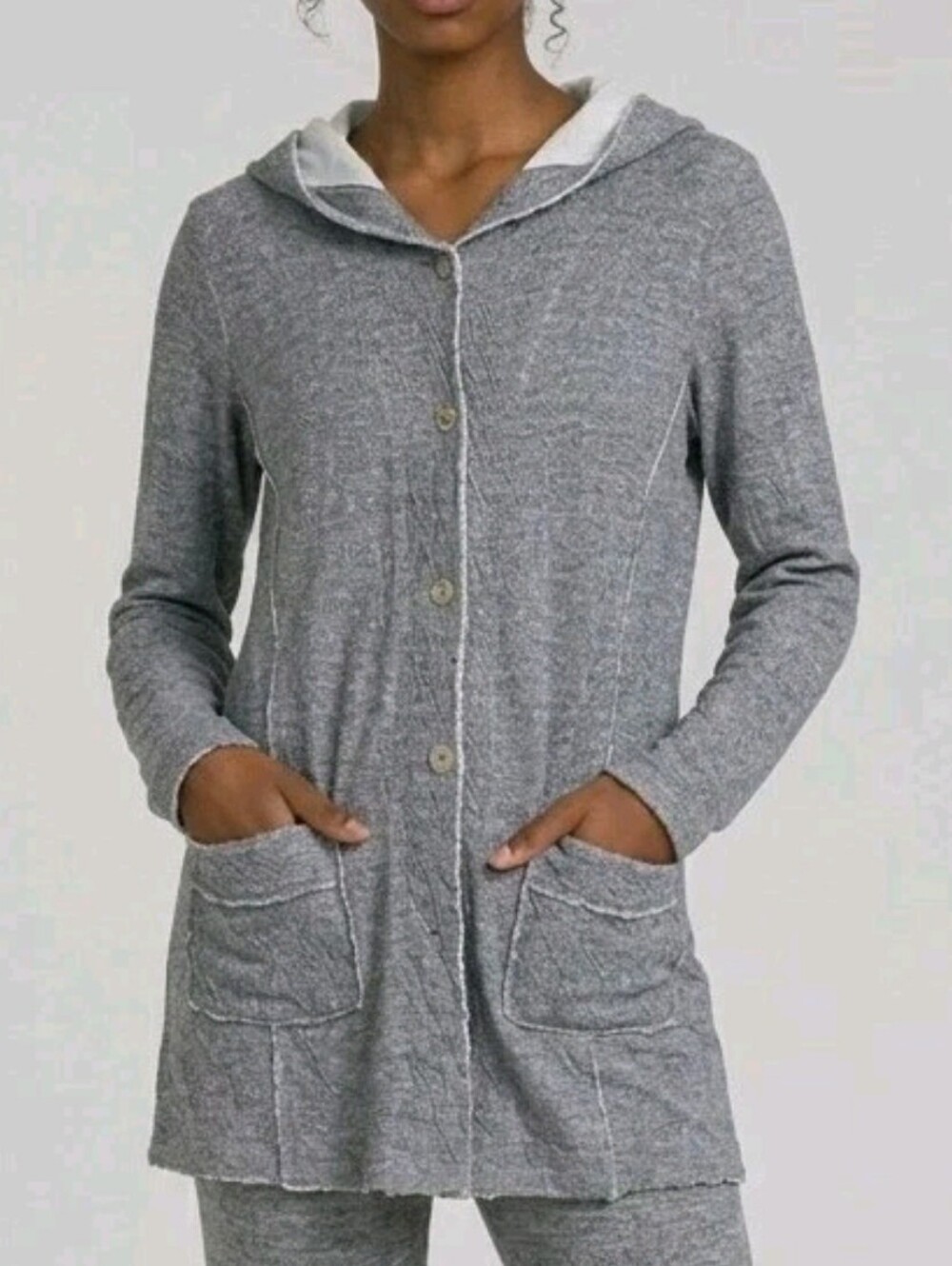 Eileen Fisher Cardigan Womens M Gray Hoodied Cotton Button Front Sweater Pockets